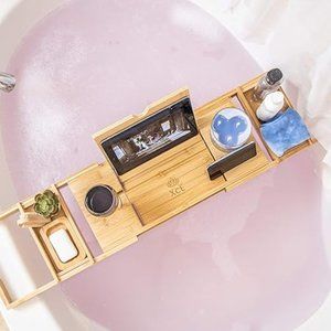 XcE Bathtub Caddy Tray Bamboo Wood Bath Tray | *GREAT FOR TABLETS, BOOKS, WINE*